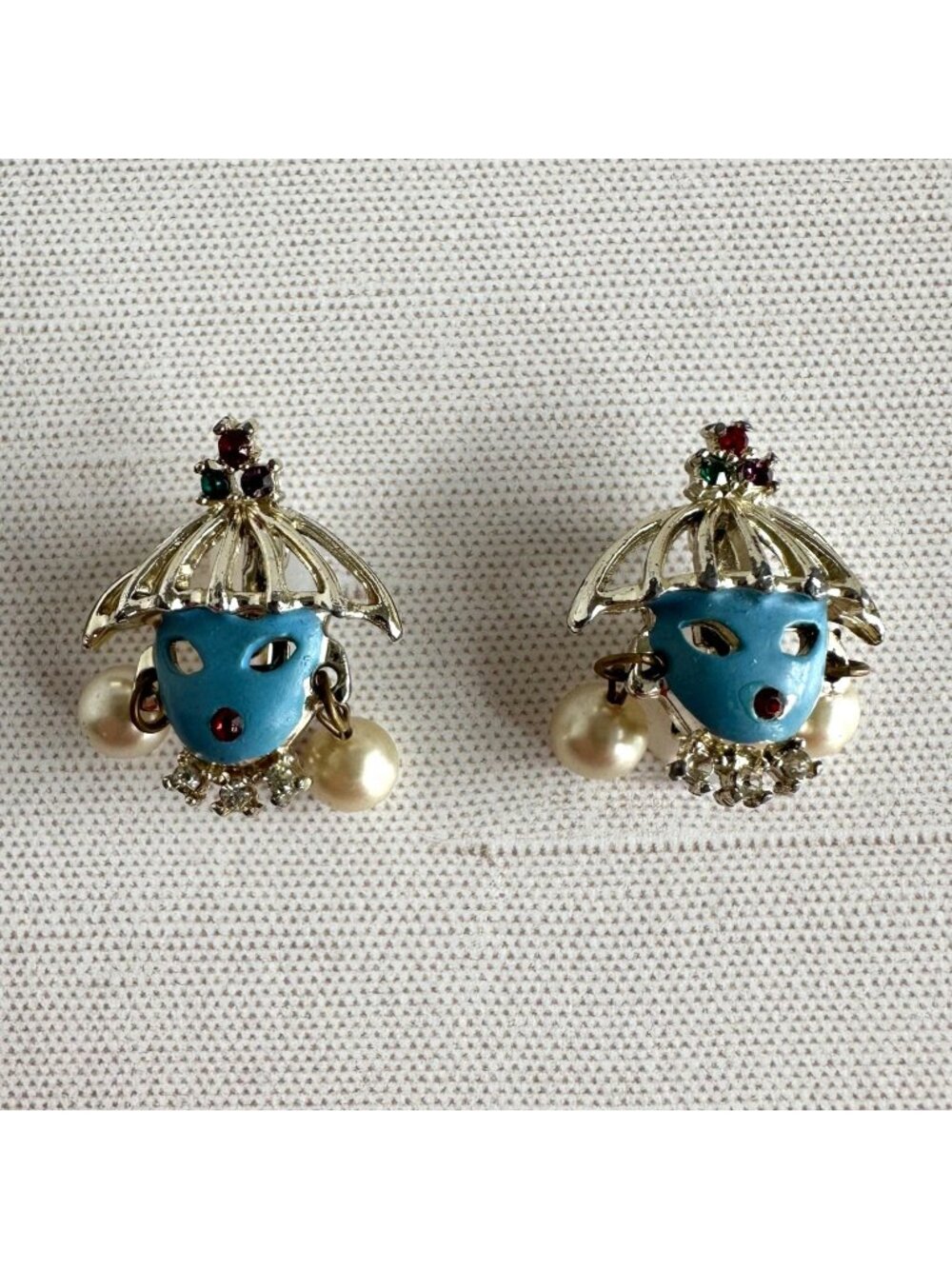 Asian Figural Scatter Pin Pair Blue Enamel Parasol Faux Pearl Rhinestone